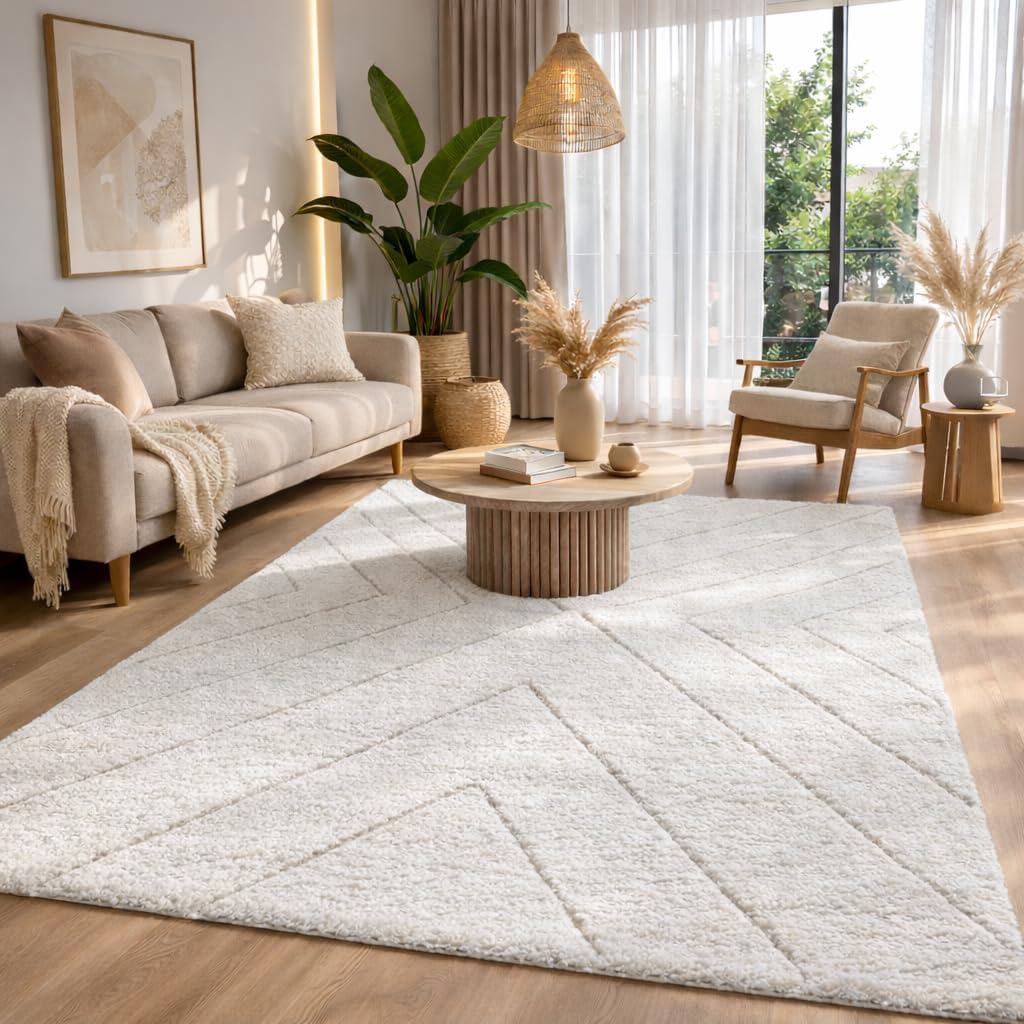 The carpet – Bahar – Cream long-pile shaggy rug with a diamond pattern